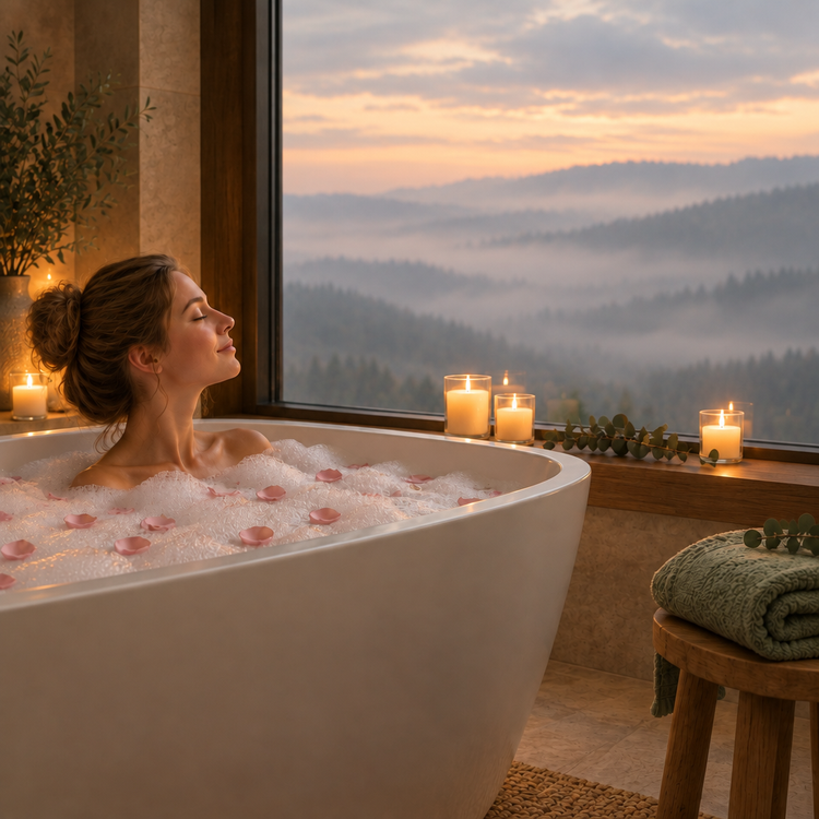 A woman relaxing in a candlelit bubble bath beside a window overlooking a misty valley