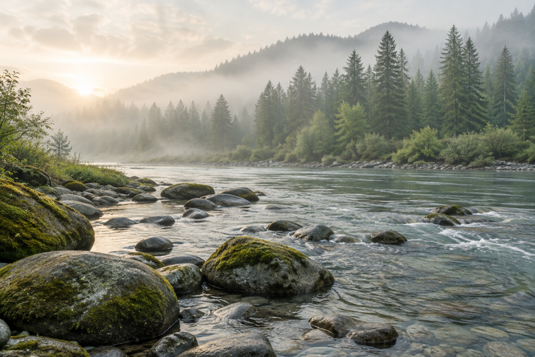 A clear river rolling over smooth mossy rocks beside a misty pine forest