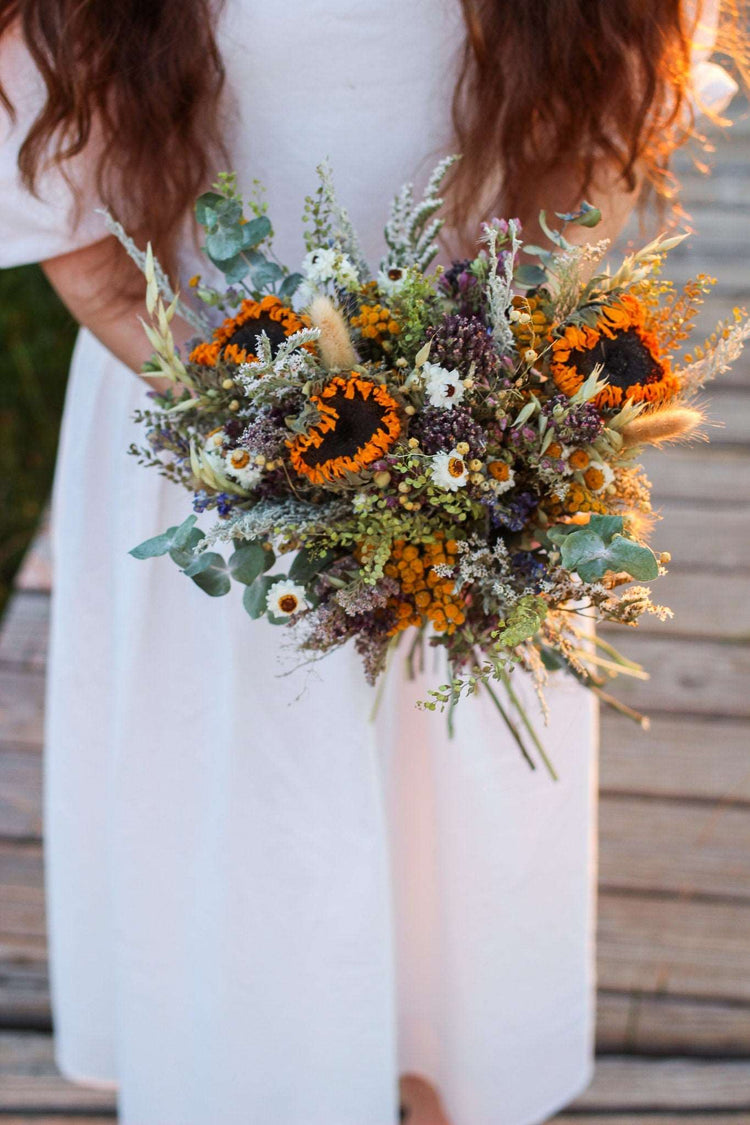 Dried Flower Bouquet – Sunflowers, Eucalyptus, Daisies & Yarrow – Rustic Farm-Grown California Wedding & Home Décor Arrangement