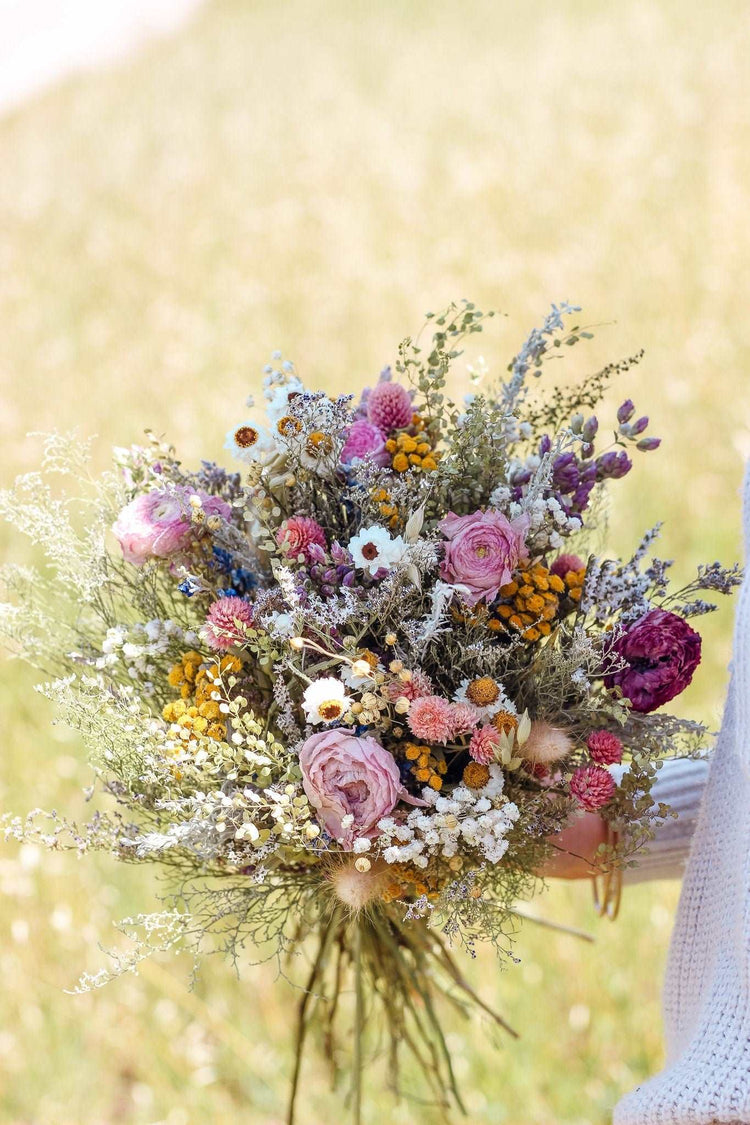 Dried Flower Bouquet with Ranunculus, Yarrow, Daisies & Baby’s Breath
