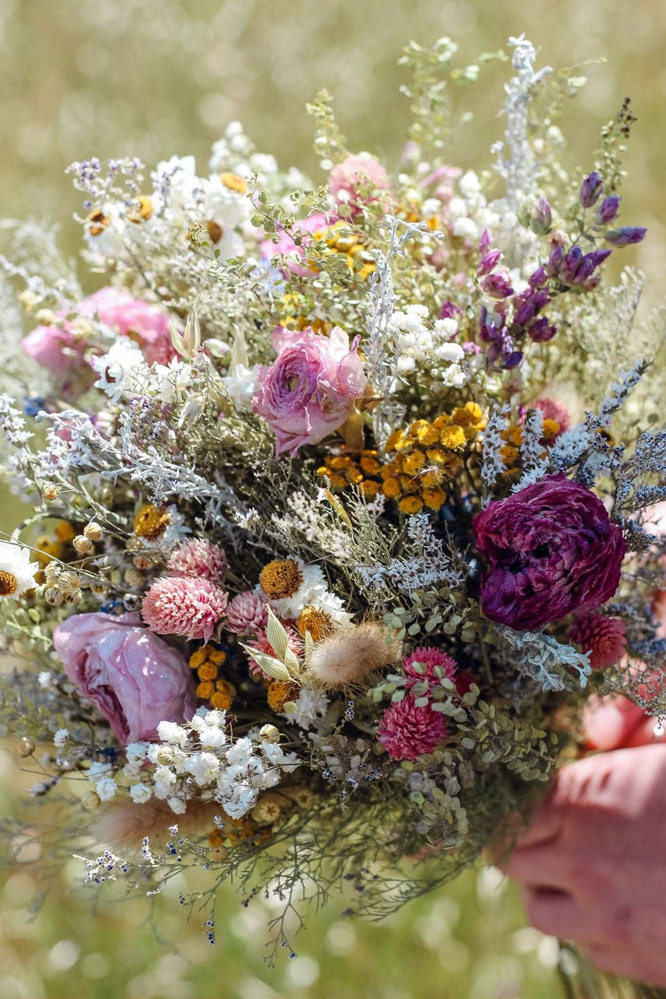 Flower Crown Ranunnculus & Lavender Dried / Dry Flower Wedding, Rustic Boho Brides, Bridesmaid bouquet, Wildflowers Dried bouquet