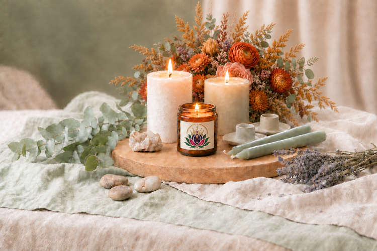 A lit Natural1Soul lotus-label candle with white pillar candles, eucalyptus, lavender and smooth stones on a wooden tray beside a burnt orange and peach floral bouquet