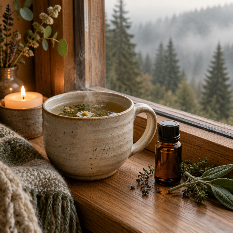 A steaming cream mug beside a lit candle and an amber oil bottle on a windowsill overlooking a misty forest