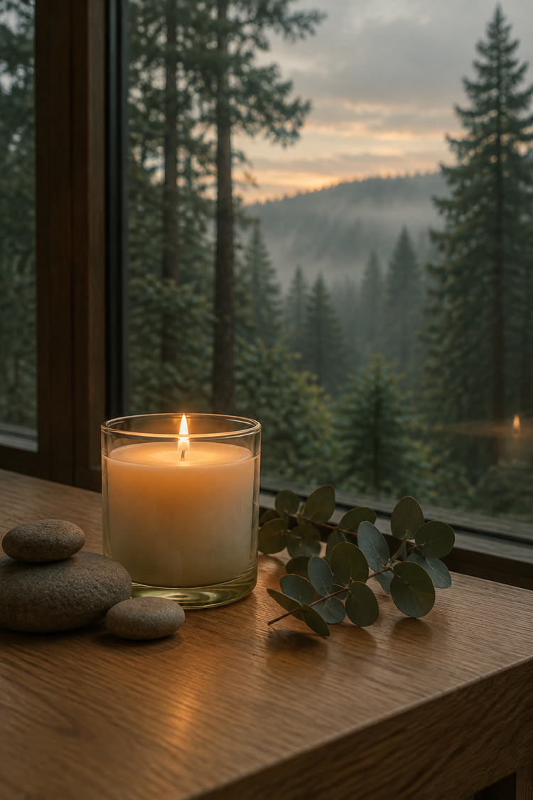 A lit candle beside smooth stones and eucalyptus by a window overlooking a misty forest