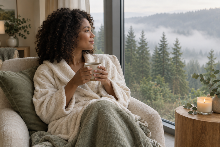 A woman in a cream robe holding a cup of coffee, gazing out at a misty forest beside a lit candle
