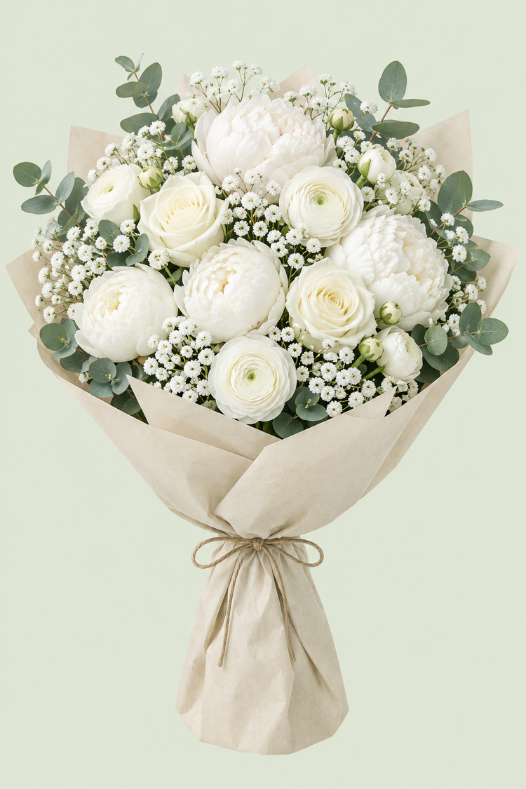 A large bouquet of white roses, peonies, ranunculus and baby’s breath wrapped in cream paper